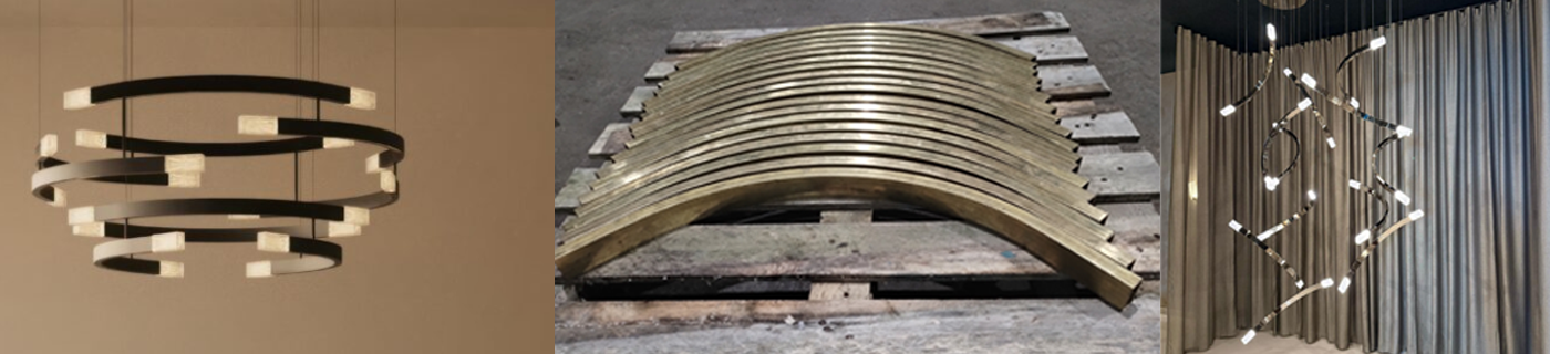 A close-up of elegantly curved brass lighting components, precision-bent by Barnshaws for CTO Lighting. 